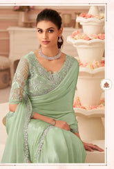 India Silk Mint Green Sarees With Silver Chiffon Shimmer Combine Rich Silk Texture With A Delicate
